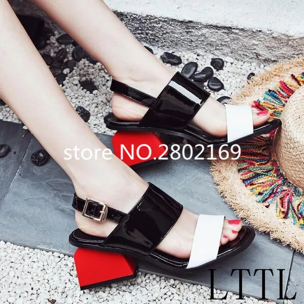 Sexy Open Toe Fashion Leather Mixed Color Strange Style Square Med Heels Gladiator Sandals 2017 New Summer Women Luxury Sandals