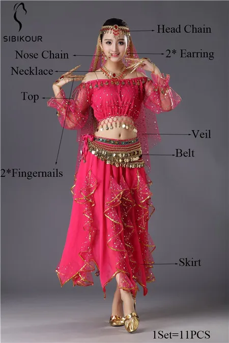 Женский костюм для танца живота, набор, Болливуд, восточное платье для танца живота, юбка для танцев, Египетский танец, одежда для взрослых, 6 цветов - Цвет: Rose Red 11pcs