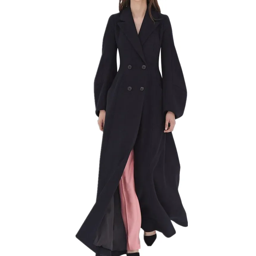 

plus size 2XL winter women's wool coat lapel black double breasted long section slim cashmere coat