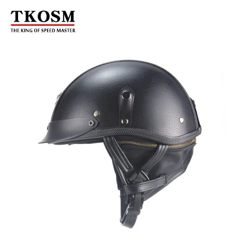 

TKOSM PU Leather Motorcycle Helmet Vintage Half Face Harley Chopper Motorcycle Motocross Open Face Cruiser Chopper Scooter DOT