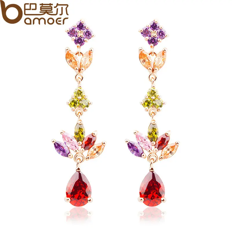 

BAMOER Gold Color Gold Unique Dangle Earrings with Multicolor AAA Zircon Stone Engagement Jewelry JIE021