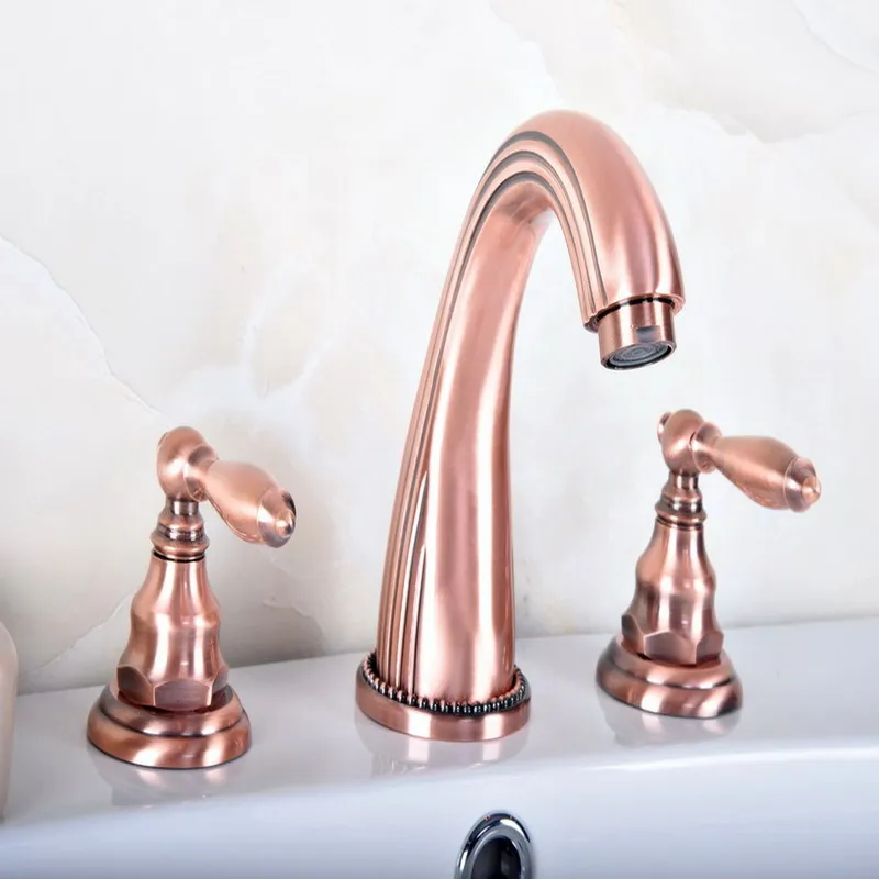 

Antique Red Copper Brass Deck Mounted Widespread Bathroom Basin Faucet Sink 3 Holes Mixer Tap Dual Handles Levers arg082