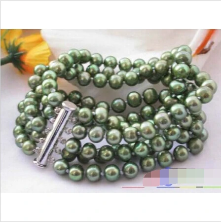 

5ROW 8MM GREEN ROUND FRESHWATER CULTURED PEARL BRACELET @^Noble style Natural Fine jewe SHIPPING 5.25