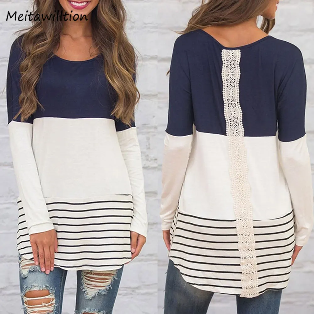 

2018 Spring Autumn Womens Tops And Blouses Casual Back Lace Blouse Ladies Long Sleeve Stripe Shirts Tunic Jumper Female Tops