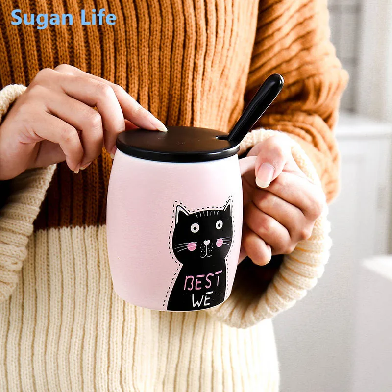 

Creative color cat heat-resistant Mug cartoon with lid 450ml cup kitten coffee ceramic mugs children cup office Drinkware gift