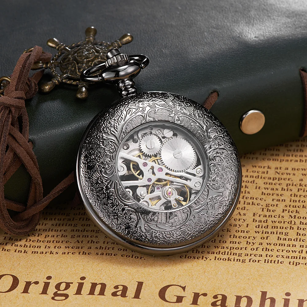 OUYAWEI NEW Arrival Mens Fashion Mechanical Skeleton Pocket Watch Hand Wind Stainless Steel White Dial Watches Hombre Relogio