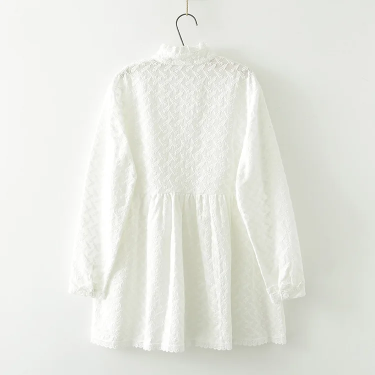 Stand-Collar Long-sleeved Flower Embroidery Lace White Shirt New Fall Mori Girl Cotton Women Long Loose Blouse Tops T77911 Blouses