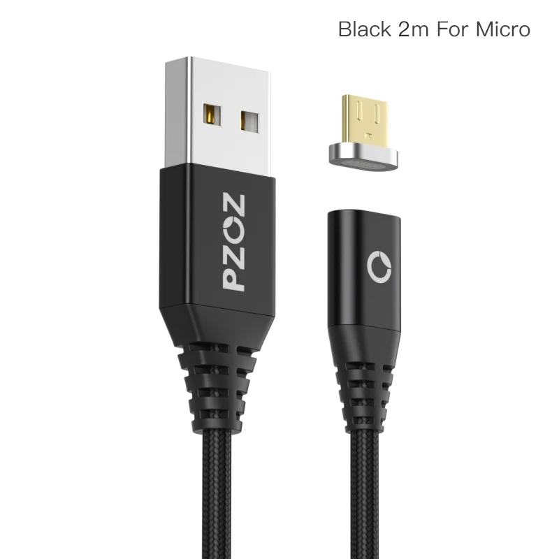 Магнитный кабель PZOZ 2M Type C Micro USB C для быстрой зарядки телефона Microusb Type-C, магнитное зарядное устройство usb c, зарядный Шнур для iphone xiaomi - Цвет: Black 2M For Micro
