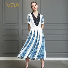 VOA Heavy Silk Pleated Dress Women Long Dresses Plus Size 5XL V Neck Beading Sailor Sweet Cute Print Summer Slim Mid Waist A339