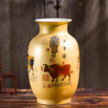 Jingdezhen Ceramic Big Vase New Chinese Style Golden Five Cows Large Vase Living Room Furnishing Articles Home Decoration