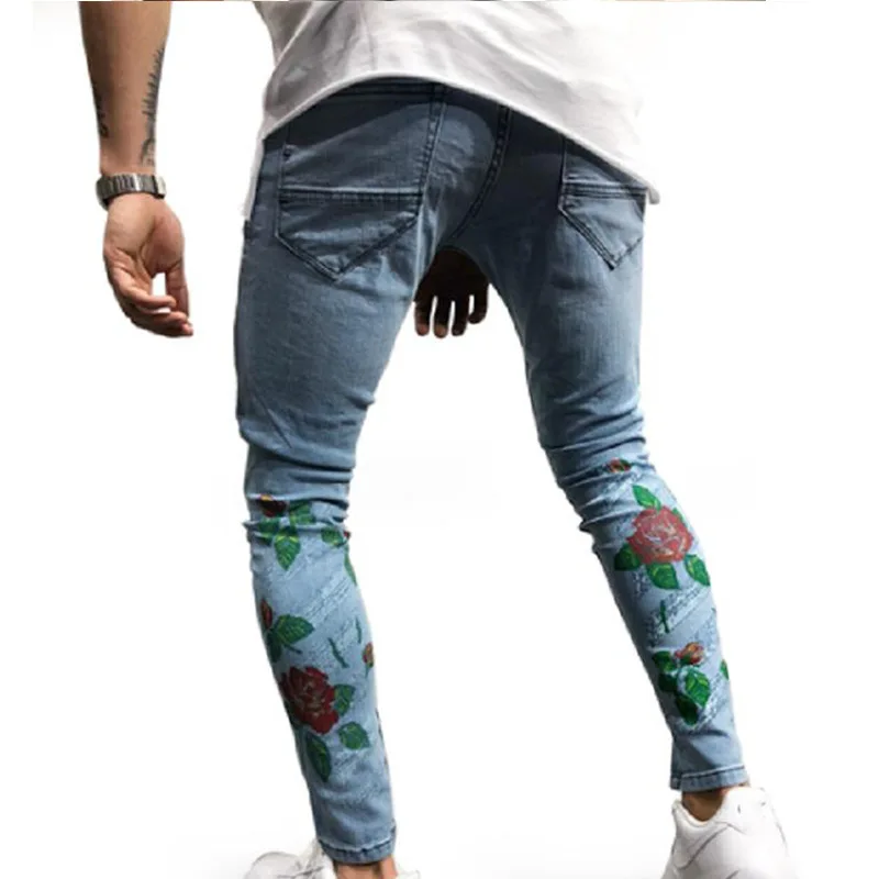 

Fashion Skinny Ripped Jeans for Men Male Motorcycle Jeans Denim Pants Fashion Casual Brand Hole Print Slim Biker Jeans Plus Size
