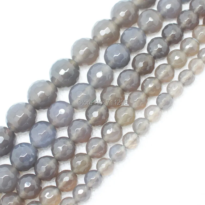 Faceted Gray Agates 4,6,8,10,12,14,16mm Round Beads 15", For DIY