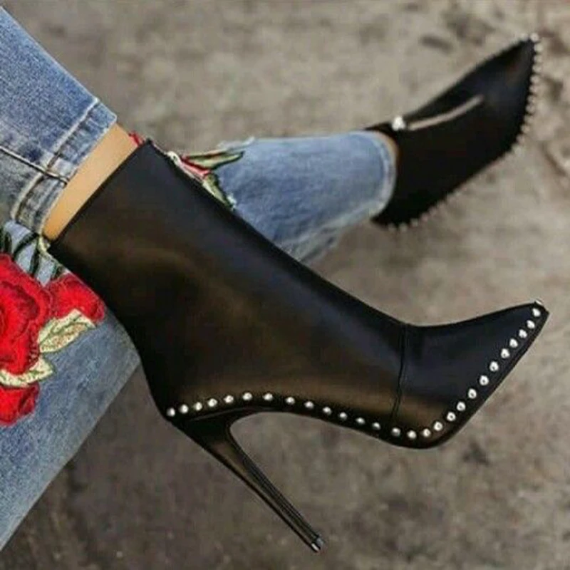 

Europea america metal rivets punk chelsea boots women front zip high heels knight's styles boots black/white 41 42 bota feminina