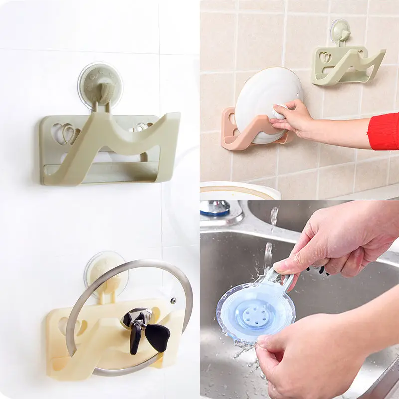 

1 Pc Kitchen Storage Holders Pink Towel Rack Pot Lid Hanger Vacuum Suction Cup Convenient Useful Holder Accessories Organizer