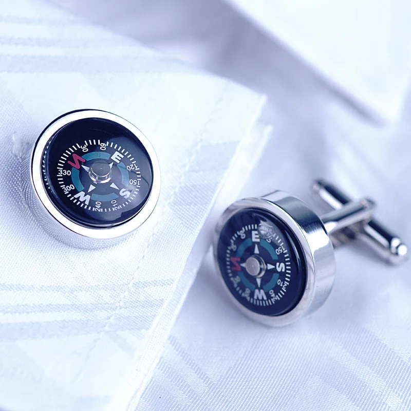 Compass Cufflink  Fashion Accessory Round Button Decoration Jewelry Boutons de manchette Silver Plated Cuff link for Men's Shirt