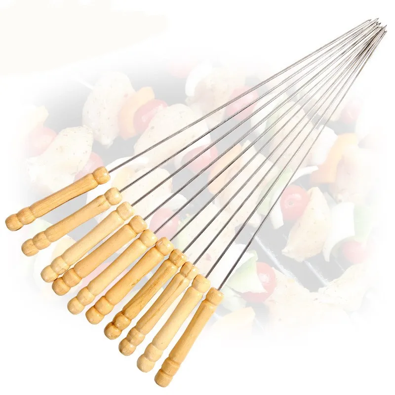 3PCS Stainless Steel Roast Barbecue Skewer Grill Kebab Needles Stick Wood Handle Barbecue Needles Outdoor Needle Tools