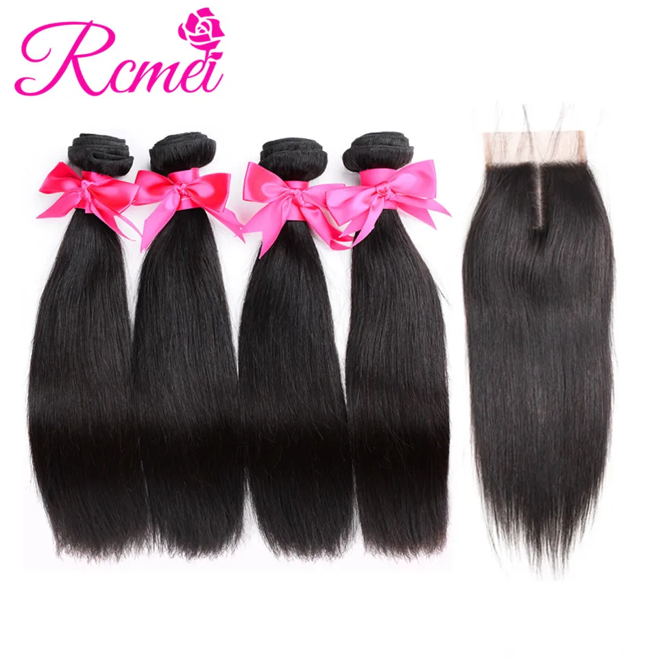 Продажа RCMEI норки Малайзии прямые волосы Связки с закрытием Номера для человеческих волос 4 Связки с закрытием 5 шт. дело натуральный черный