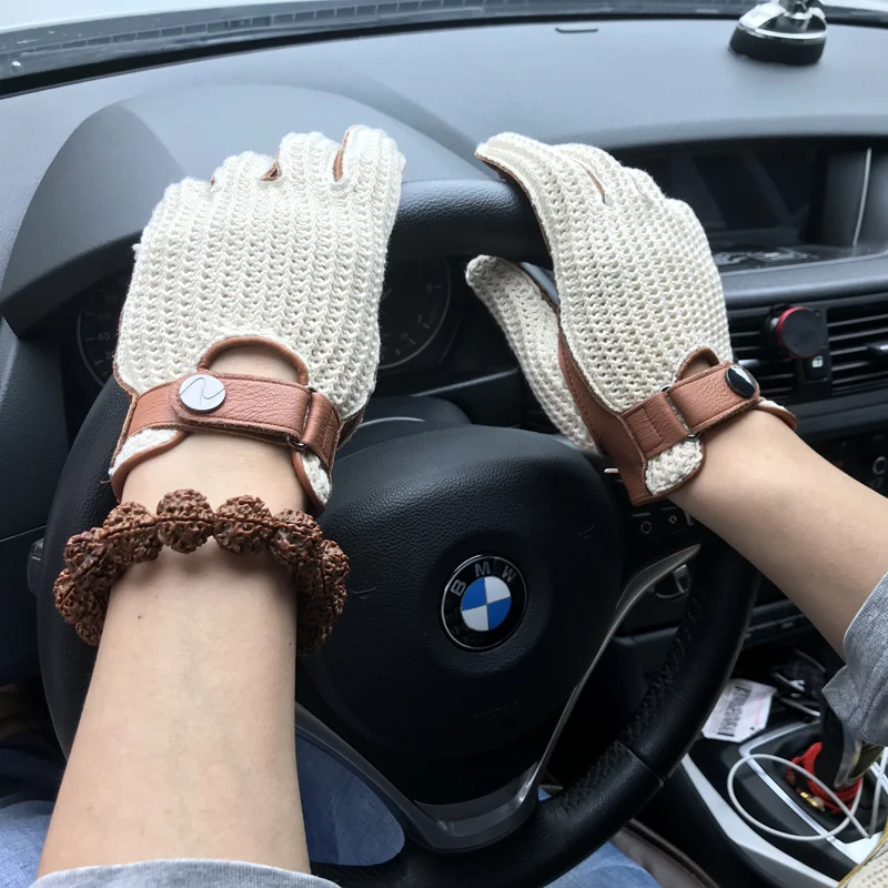 Mens Goatskin Leather Gloves Back Knitted Gloves Lambskin NEW Unlined Non-Slip Motorcycle Driving Gloves Male Leather Mittens