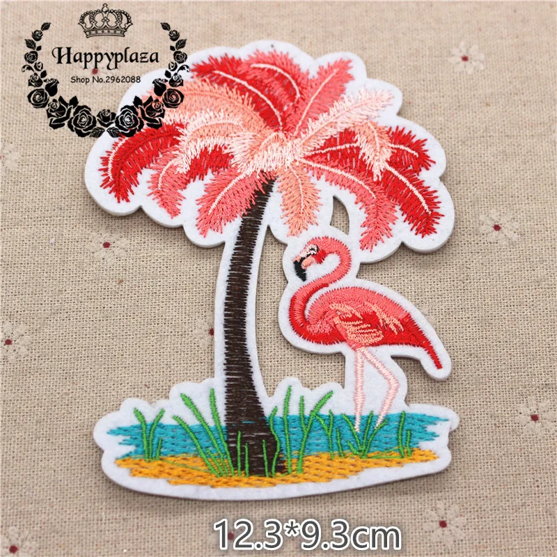 2pcs Embroidered Flamingo Under Coconut Tree Patch for Clothing