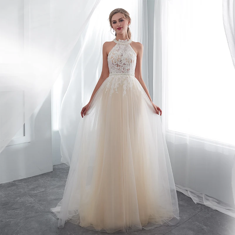 

Light Champagne Prom Dresses Halter Pearls Appliques Full Length Illusion Formal Party Gowns Dresses Real Photo Prom Gowns 2019