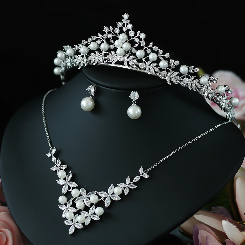 

ASNORA 3pcs/set Cubic Zirconia Jewelry Sets Princess Bridal Wedding Crown Tiara Ornaments Simulated Pearl Choker Necklace Earrin