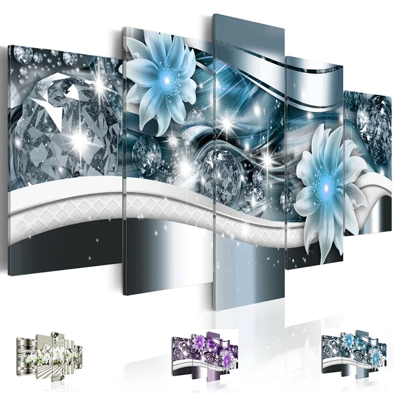 

Modern Canvas Art Painting 5 Pieces Abstract Elegant Beautiful Flower Diamond Background Canvas Poster Living Room Home Decor