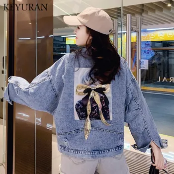 

3D Sequins bow-knot Women Hole Bat sleeve Denim Jacket Casual Loose Female Coat Autumn New Girl Fashion Outwear jean jacket 2019