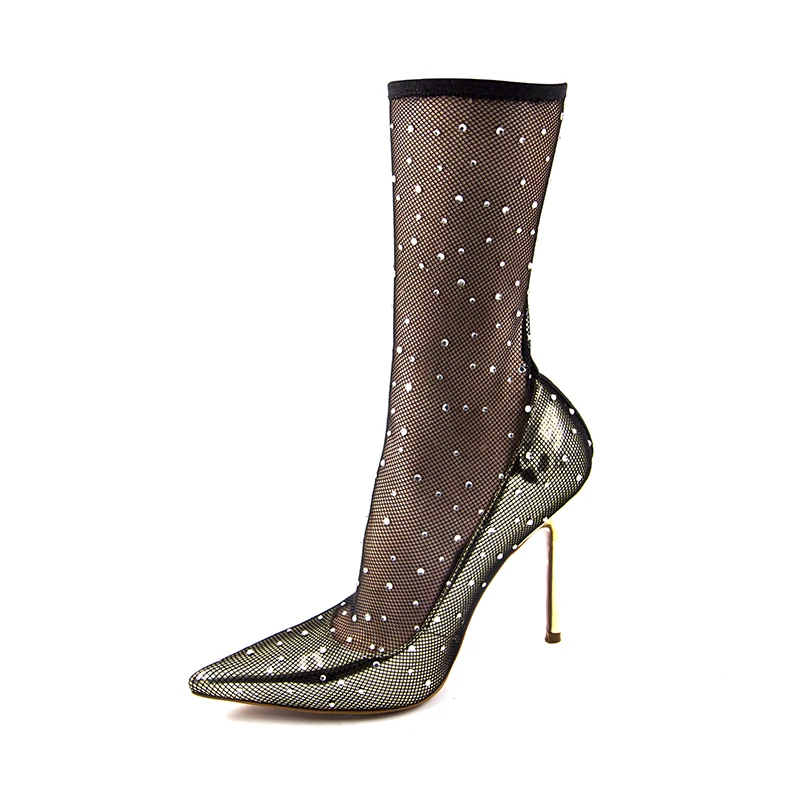 VANGULL Новая мода туфли-лодочки Mesh сапоги с теплым носком Для женщин ажурные обувь со светодиодной подсветкой золото острый носок летняя Вечерние туфли на высоком каблуке большого Размеры 34–43