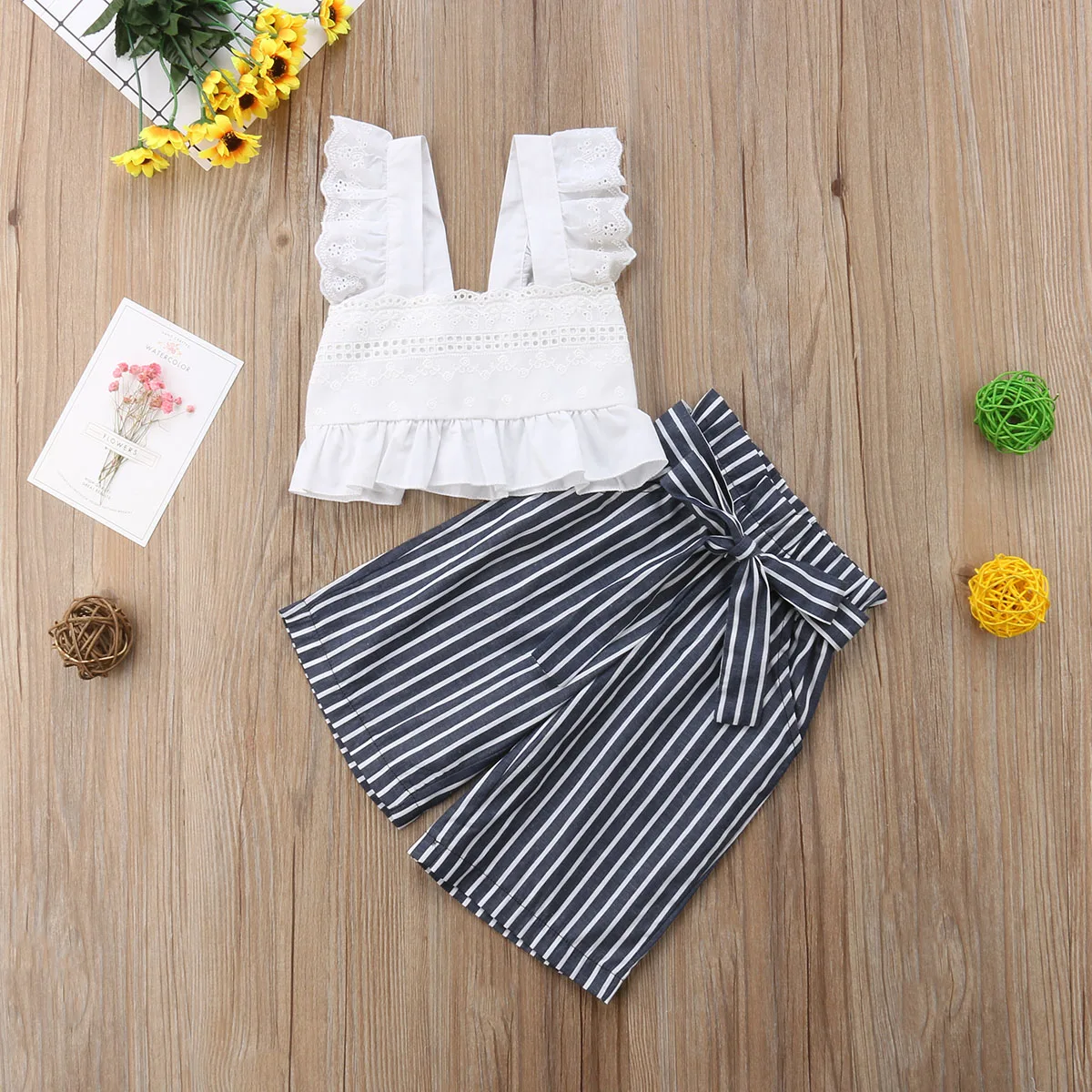 

Little Girls Stripes Clothes Sets Toddler Baby Girls Lace White Cropped Tops+Long Bowknot Pants Set Kid Clothes Outfits Clothing