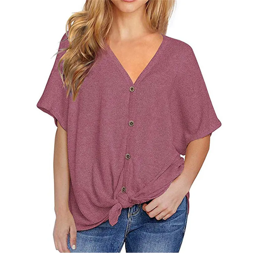 

Solid Short Sleeve Blouse V-neck Button Loose Woman Summer Plus Size High Quality Sexy Shirts New Fashion Tops ropa mujer 4EM
