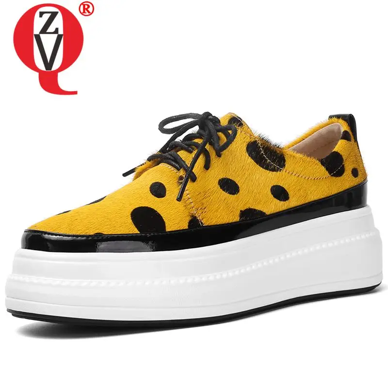 

ZVQ woman flats platform shoes Dot printed horse hair spring leather round toe loafers shoes yellow white boat shoes