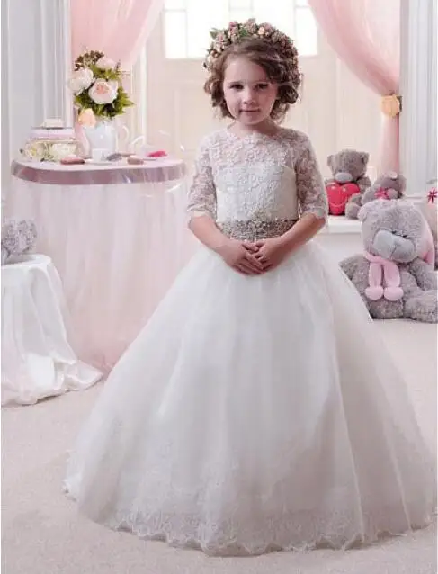 

Adorable White Ivory Flower Girl Dress For Wedding With Puffy Ball Gown Tulle Lace Up Back Long Sheer Girl Dresses