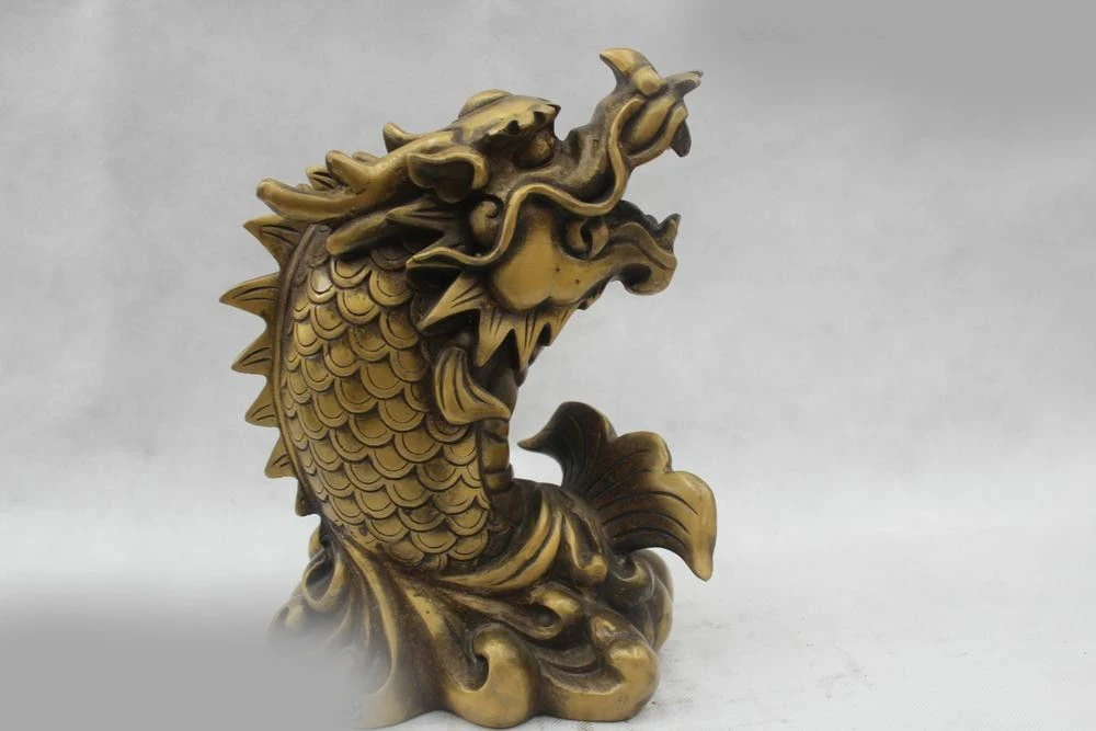 

11"China Folk Pure Bronze Lucky excellent Lifelike Dragon cyprinoid Statue