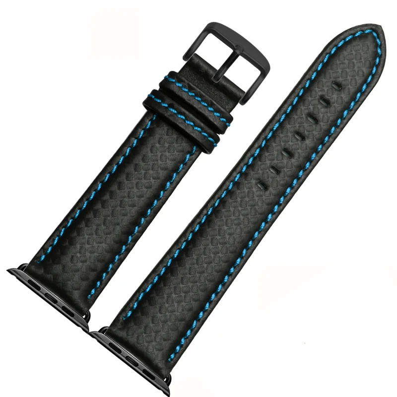 Роскошный ремешок для Apple watch 44 мм 40 мм iWatch 42 мм 38 мм углеродное волокно+ кожаный ремешок для часов Браслет Apple watch 5 4 3 2 1 - Цвет ремешка: Blue-black