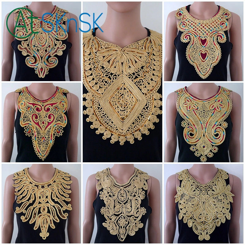 

Gold thread floral sequin embroidery lace collar patches sew neckline appliques lace trims clothes decorative big fake collars