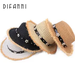 Difanni Женская летняя шляпа солнца Шапки с поясом и жемчугом пляжные кепки для отдыха дышащая соломенная Шапки Packable flat top