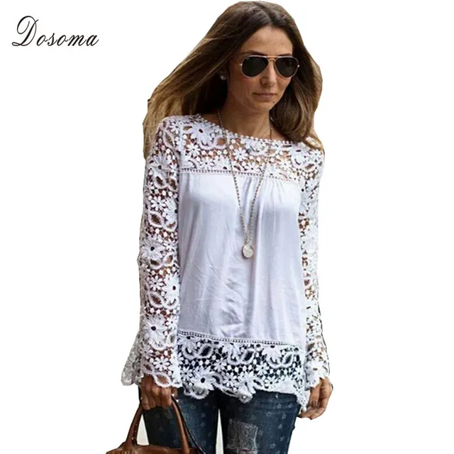 2016 New Women White Crochet Lace Shirt Female Floral Lace Long Sleeve ...