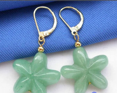 

free shipping 13378 Hand-carved 20mm star green jade dangle Earring 14k 5.3