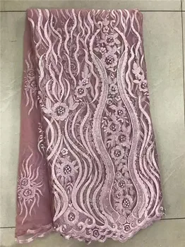 

High Quality African Lace fabrics Hot Sell Mesh 2017 New French Stones beaded Peach Color cord Lace / guipure Tulle lace Fabrics