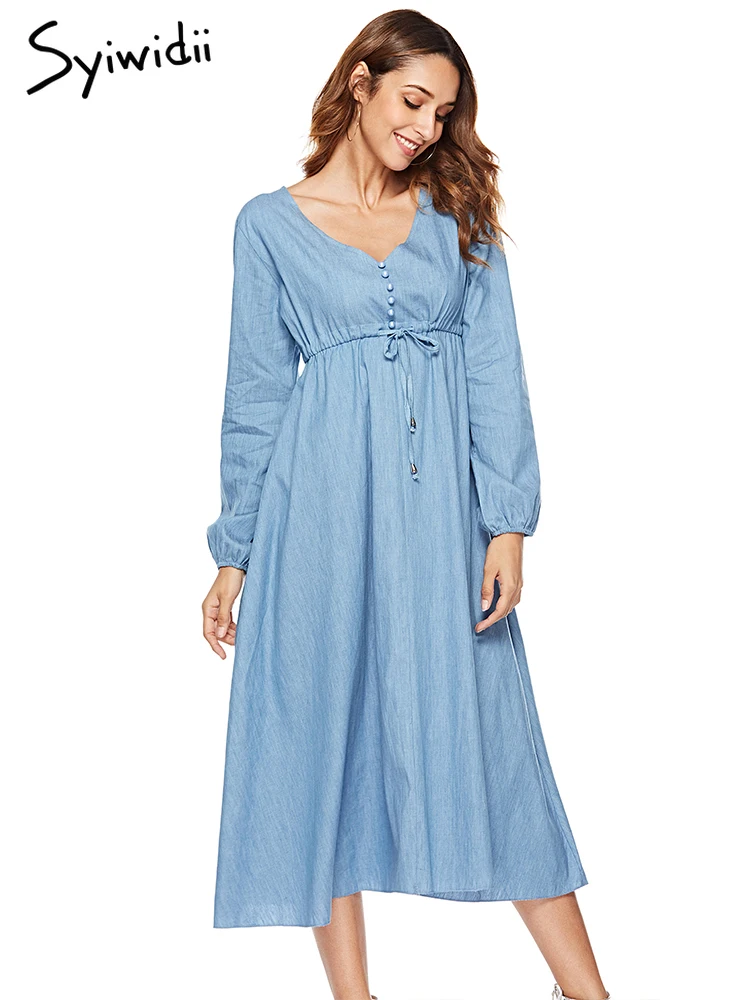 Fashion Denim Jeans Dress Women Long Sleeve Lace Up Waist Midi Dresses Party Casual Elegant French Women Dress 2019 Cotton Dress