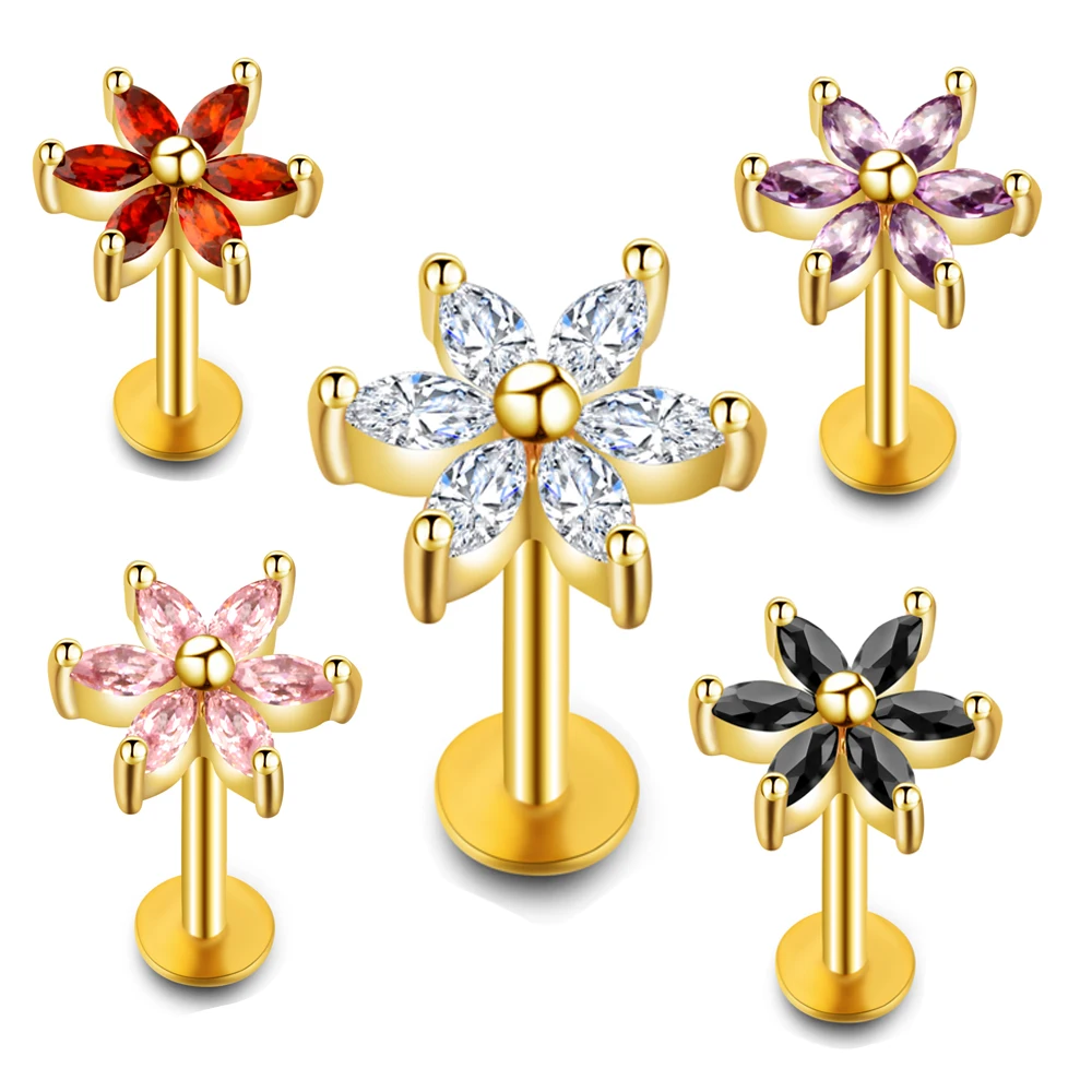

TIANCIFBYJS 16G Cartilage Earrings Helix Tragus Body Piercing Stainless Steel Labret Lip Ring Studs Star Zircon Silver Gold Bar