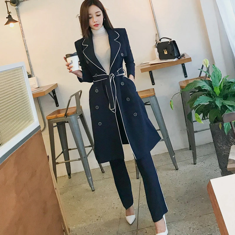 Deep amp; Manteau Bandage Double Blue Mode Crayon Automne Hiver Costumes Épais Élégant 2018 Femme Long Femmes Pantalon Breasted Blazer qWTFEvw01P