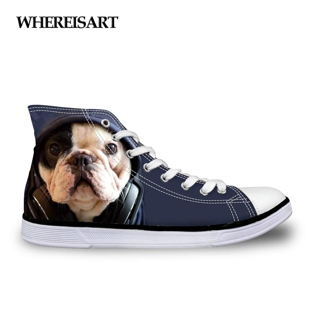 

WHEREISART Fashion Women Casual 3D Animal French Bulldog Frenchie Printed Shoes Female Lace-up Flats Girl High Top Canvas Shoes