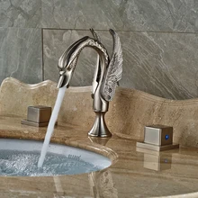 Wholesale and Retail Swan Style Bathroom Sink Faucet Deck Mount Two Handles Brushed Nickel Mixer Taps