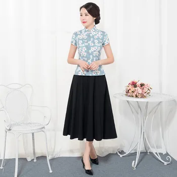 

Vintage Chinese Blouse Skirt Sets Womens Short Sleeve Shirt Mandarin Collar 2pc Clothing Summer Qipao Dress Size S-XXXL 9976