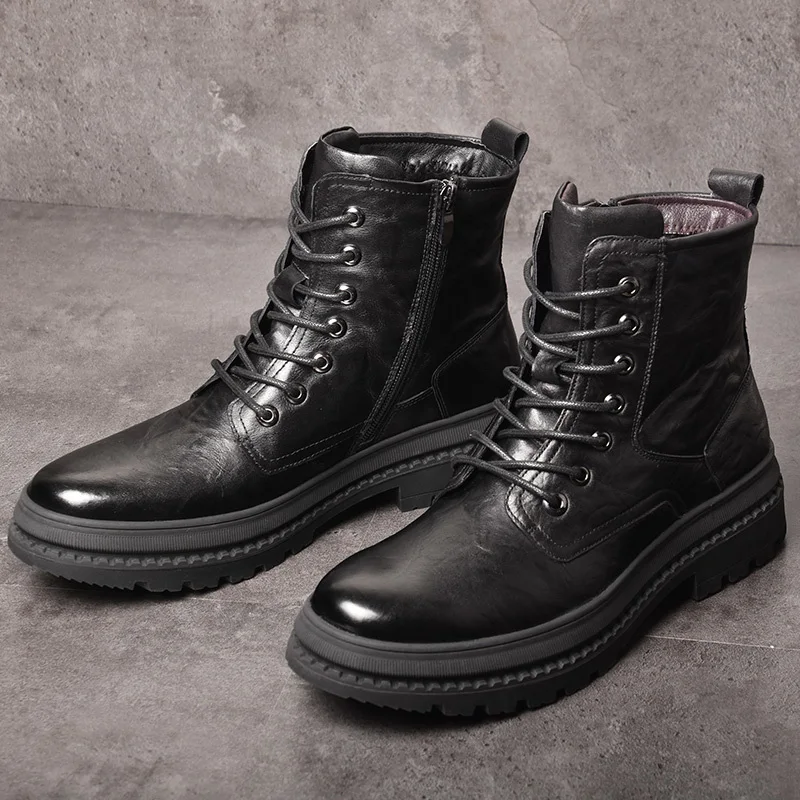 

OSCO Winter Genuine Leather Martens Boots Men Shoes Black Motorcycle Boots Mens Winter Footwear Military Boots Army Shoes
