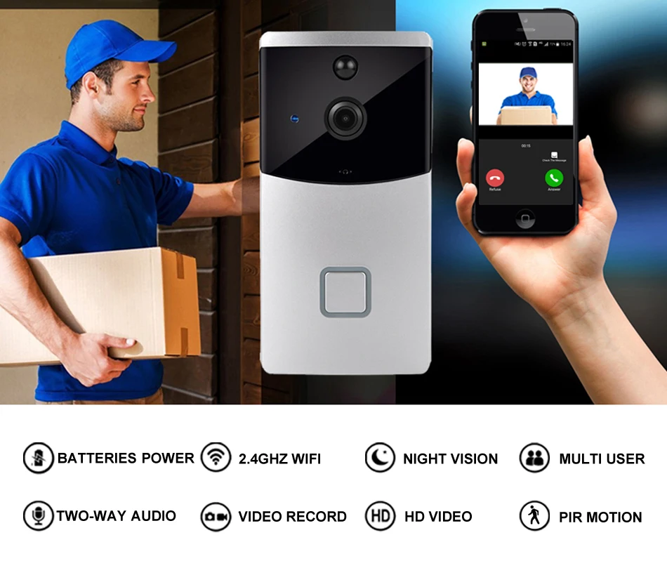 WiFi Smart Video Doorbell Camera Wireless Home Security Camera Door Bell Two-way Audio Intercom Record Night Vision Door Phone audio intercom