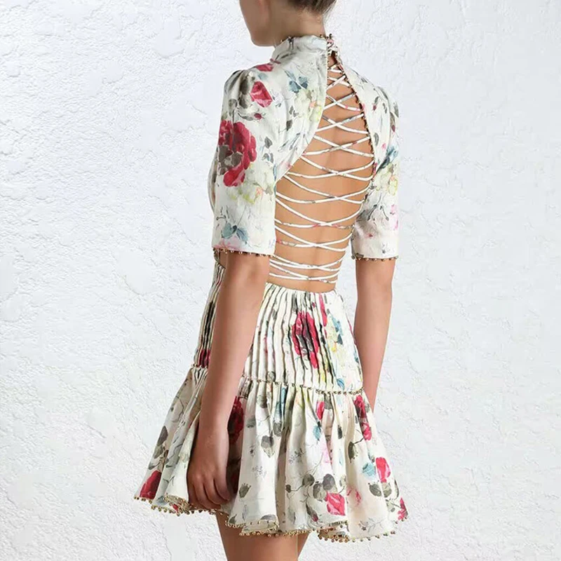 

Luxurious Women's Fashion Heavy Beading Dress Short Sleeve Flower Printed Runway Slim Pleated Bandage Dresses Cute Vestidoes