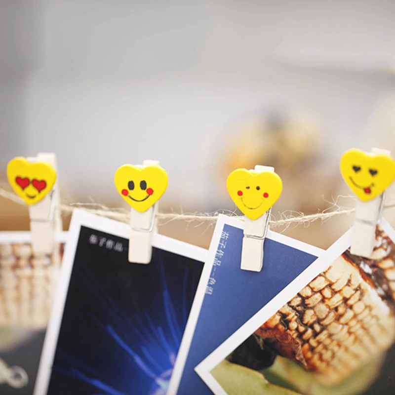 

12PCS Yellow Color Mini Love Heart Emoji Wooden Peg Pin Clothespin Craft Clips for Photo Paper Clip with Hemp Rope HA