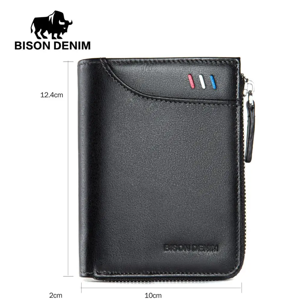 Мужской кошелек BISON DENIM из коровьей кожи с карманом для монет на молнии держатель